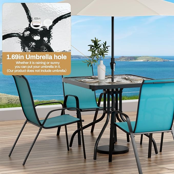 Arlopu 5 Piece Outdoor Patio Dining Set (Umbrella not Included), Porch Furniture with 4 Textline Chairs, 1 Square Glass Table for Garden, Backyard and Poolside, Lawn (Blue)