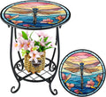 Outdoor Side Table Round Small Mosaic Patio Accent Indoor End Plant Coffee Tea Table for Yard Patio Porch Garden Living Room, Bedroom(Dragonfly Style,14 Inch)