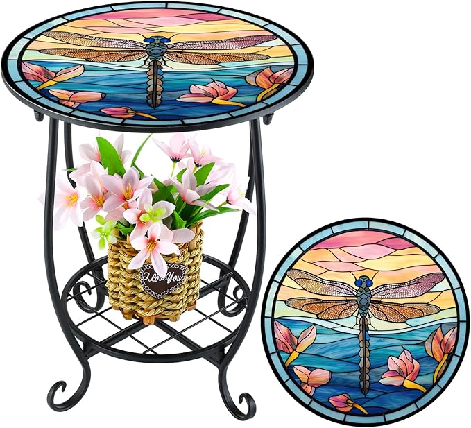 Outdoor Side Table Round Small Mosaic Patio Accent Indoor End Plant Coffee Tea Table for Yard Patio Porch Garden Living Room, Bedroom(Dragonfly Style,14 Inch)