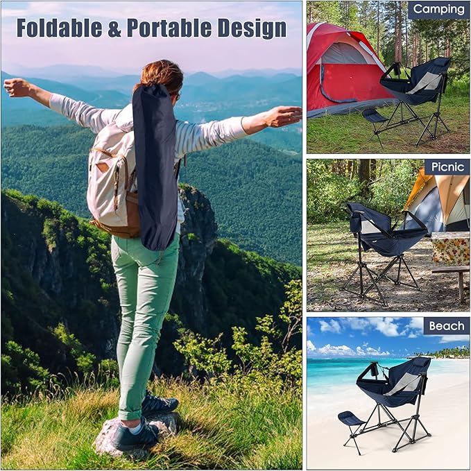 Tangkula Hammock Camping Chair, Portable Camp Chair with Retractable Footrest, Adjustable Back, Headrest, Cup Holder & Carry Bag, Outdoor Folding Lawn Chair for Camping, Fishing, Hiking