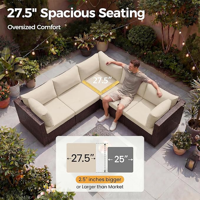 NICESOUL 7 Piece Outdoor Patio Sectional Furniture Set with Fire Pit Natural Gas/Propane, Large Size Comfortable Conversation Sets, 29.3'' High Back Deep Seat Sofa, Brown Rattan and Beige Cushion
