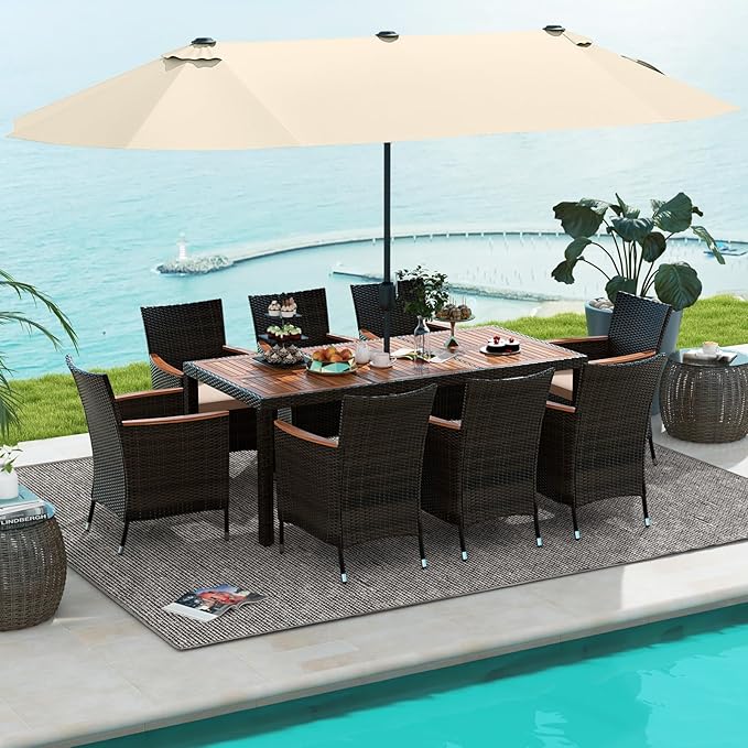 Tangkula 11 Piece Rattan Outdoor Dining Set with 15Ft Patio Umbrella for 8, Outdoor Wicker Table Set with 8 Cushioned Armchairs, Acacia Wood Top, Outdoor Umbrella with Base Included