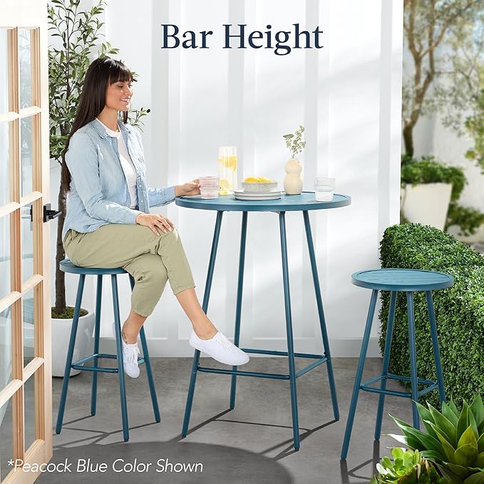 Best Choice Products 3-Piece Patio Dining Set, Bar Height, Outdoor Bistro Set, Outdoor Round Bar Table w/ 2 Bar Stools, Steel - Black