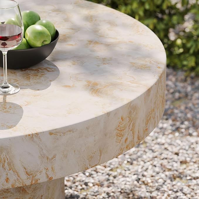 Modway Alora Round Concrete Coffee Table with Faux Stone Finish in Honey Onyx - Cement Accent Table for Living Room - Stone Patio Center Table - Indoor Outdoor 34 Inch Low Coffee Table