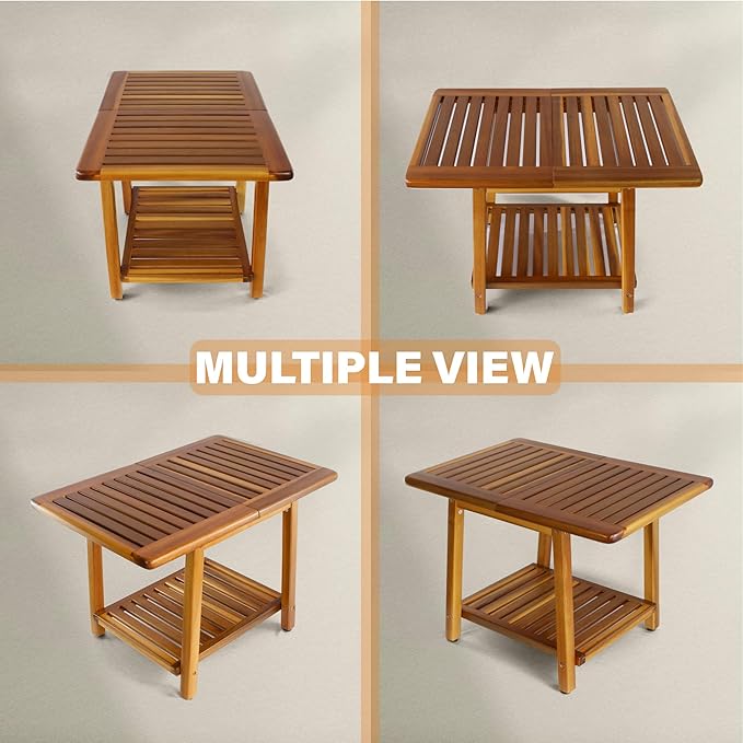 ENKEZI Acacia 24 Inches Outdoor Side Table, 2-Tier Sturdy Patio, End Table Weather Resistant, Strong Stability Side Table for Patio, Pool, Porch, Teak Finish (Large)