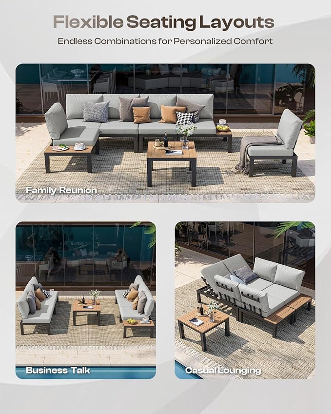 Aluminum Modular Outdoor Patio Furniture Set, 6 Seats Sectional Sofa Set with Adjustable Backrest & Thick Cushions, All-Weather L-Shaped Corner Set with Table for Garden & Yard, Gray