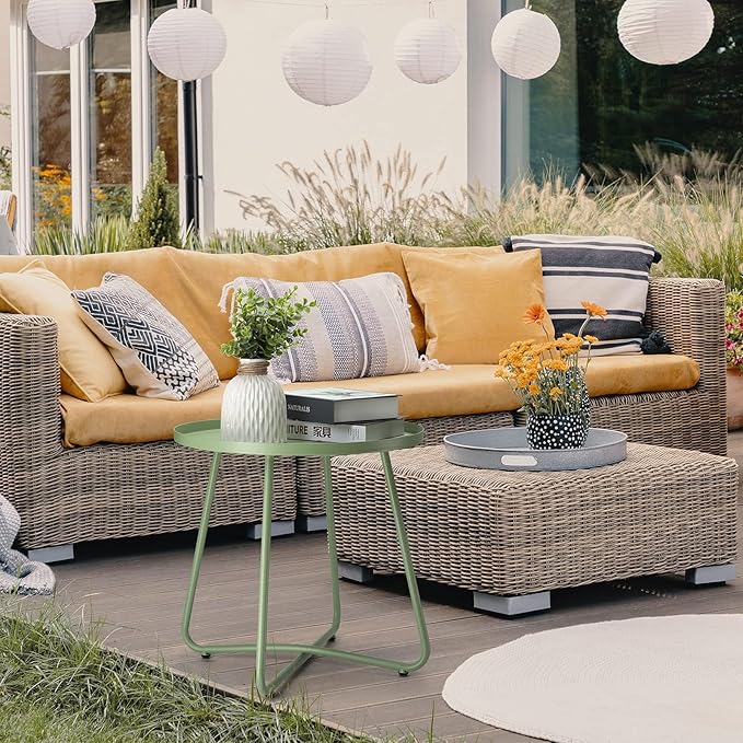danpinera Outdoor Side Tables, Weather Resistant Steel Patio Side Table, Small Round Outdoor End Table Metal Side Table for Patio Yard Balcony Garden Bedside Green, Set of 2