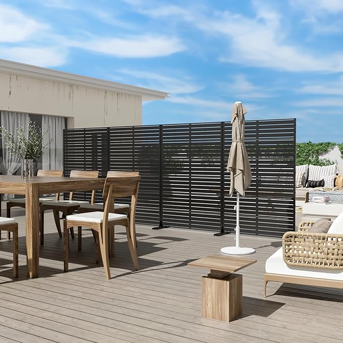 Casaphoria Metal Privacy Screen Outdoor, 72" H x 47" W Freestanding Decorative Privacy Screen for Patio Deck Balcony Garden with Stable Base, Louvered Black