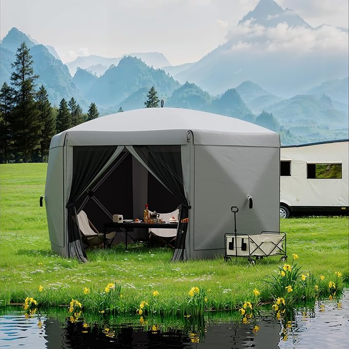 13x13FT 6-Sided Pop Up Gazebo Tent，One-Push Setup Canopy Tent with Removable Canopy Top & Wind Cloths, Outdoor shelter for Camping, Backyard Parties, Outdoor Events - Grey