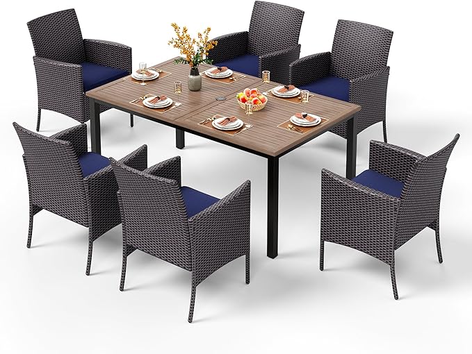 PHI VILLA 7 Pieces Outdoor Dining Set for 6, 65” Wood-Like Metal Steel Dining Table & Rattan Wicker Chairs with Cushions, Large Dining Furniture Set for Patio, Deck, Yard, Porch