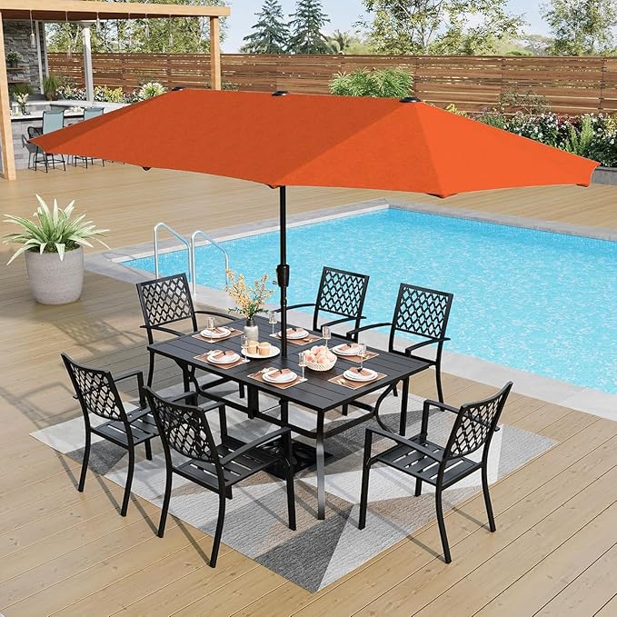 PHI VILLA 7 Pieces Outdoor Dining Set for 6, 60” Rectangular Metal Table with Umbrella Hole & Stackable Black Wrought Iron Chairs, Large Outside Furniture for Patio, Deck, Backyard, Porch
