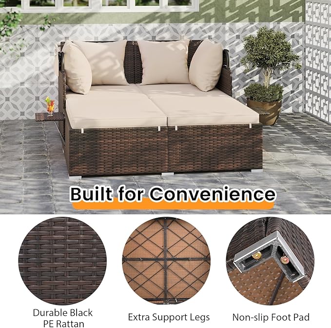 ORALNER Outdoor Daybed, 2-Person Wicker Patio Sofa with Retractable Canopy, Cushions & Pillows, 2 Side Trays, PE Rattan Double Sunbed for Deck Poolside Garden Balcony Backyard (Beige, Mix Brown)