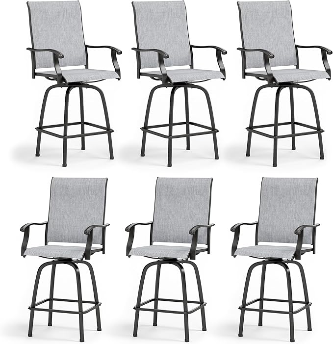 MFSTUDIO Outdoor Bar Stools Set of 6, Swivel Bar Height Patio Chairs Outdoor Barstools High Top Patio Swivel Bar Chairs, Breathable Textilene, Light Grey