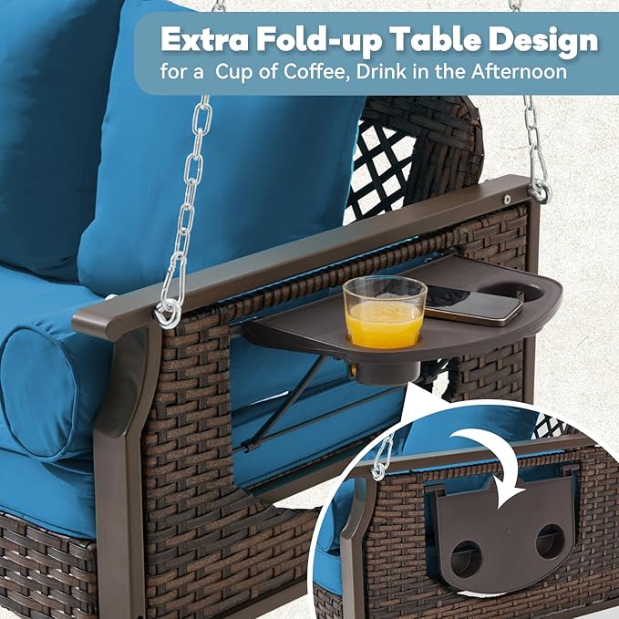 3 Seat Porch Swing, Wicker Patio Swing with Cup Holders & 3 Back Cushions, Yard Swing with Chains for Deck Garden Backyard,Brown Rattan, Peacock Blue Cushion, 56-inch