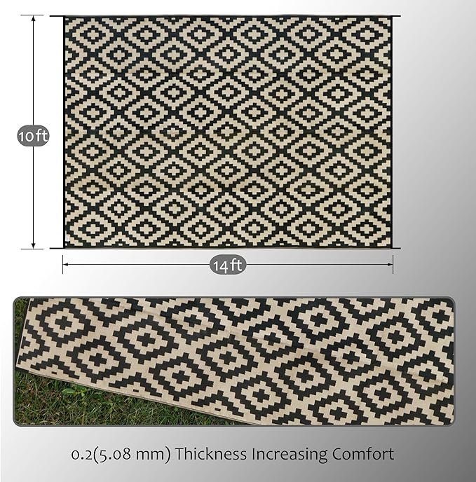SAND MINE Reversible Mats, Plastic Straw Rug, Modern Area Rug, Large Floor Mat and Rug for Outdoors, RV, Patio, Backyard, Deck, Picnic, Beach, Trailer, Camping, Black & Beige, 10' x 14'