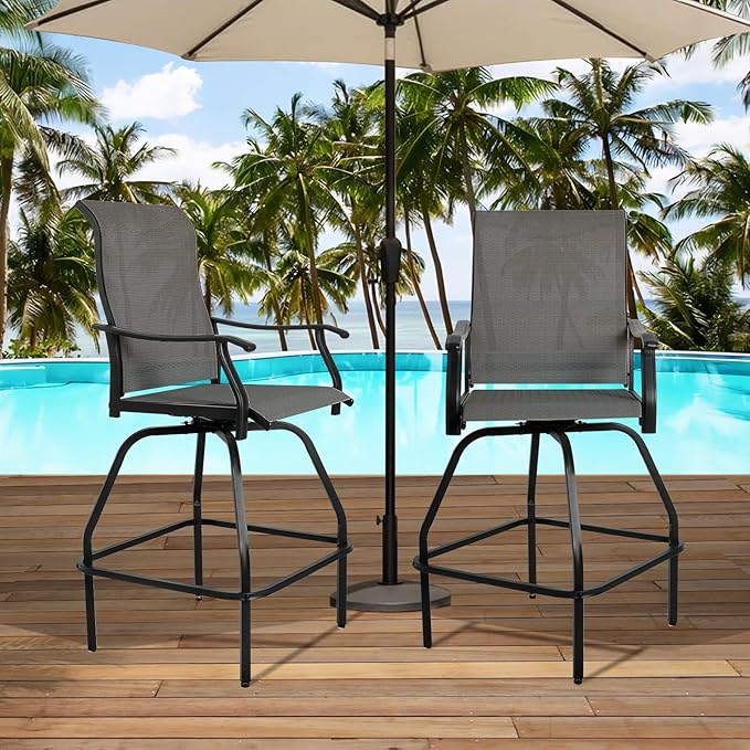LEVELEVE Patio Bar Set 2pcs Swivel Bar Stools Outdoor Bistro Textilene Furniture Stability All-Weather Set with Height Table (2, Grey Fabric)