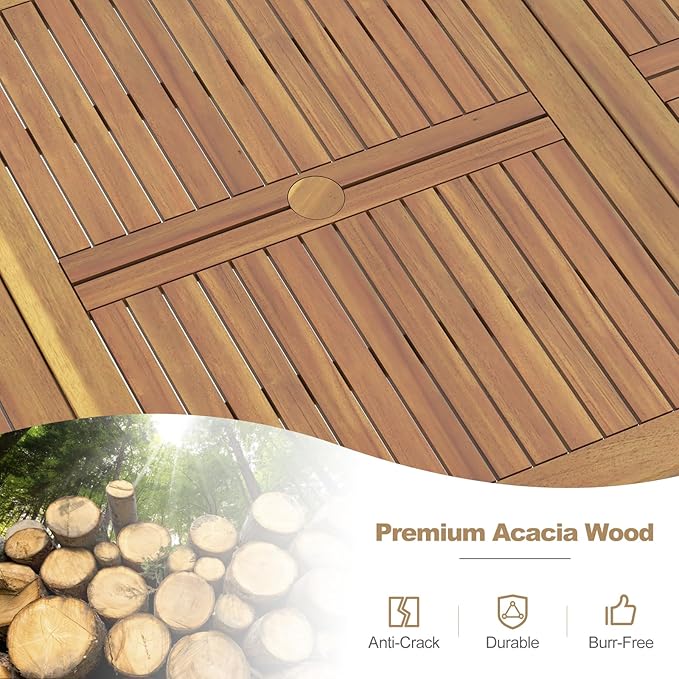Tangkula 79" Acacia Wood Outdoor Dining Table for 8, Patio Table with Umbrella Hole, Metal Legs & Adjustable Foot Pads, Rectangular 8-Person Outside Table for Garden, Poolside & Backyard