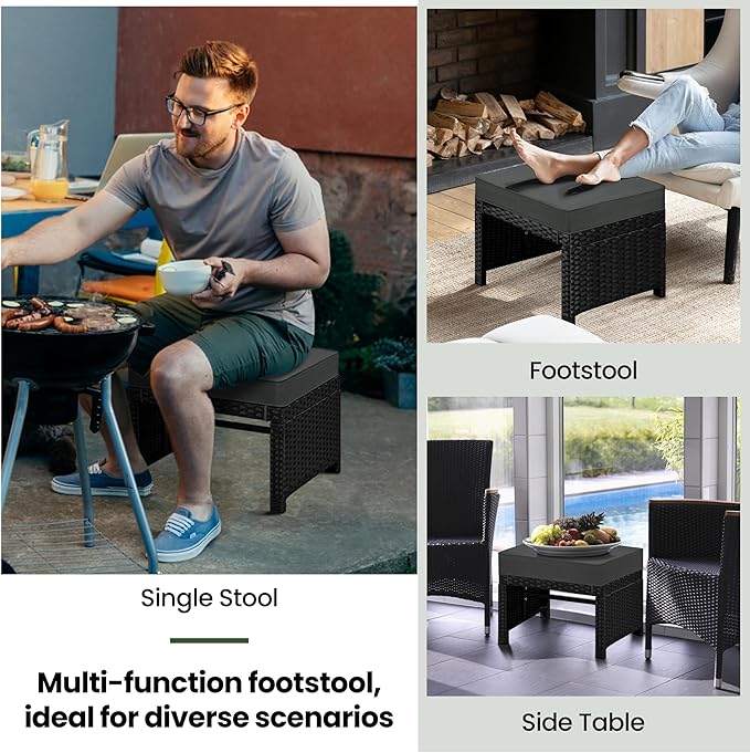 Yaheetech Wicker Ottomans, Set of 2 Footrest with Removable Cushion, 2pcs PE Rattan Side Table Additional Seating Multipurpose Outdoor Furniture for Patio, Backyard, Black/Gray