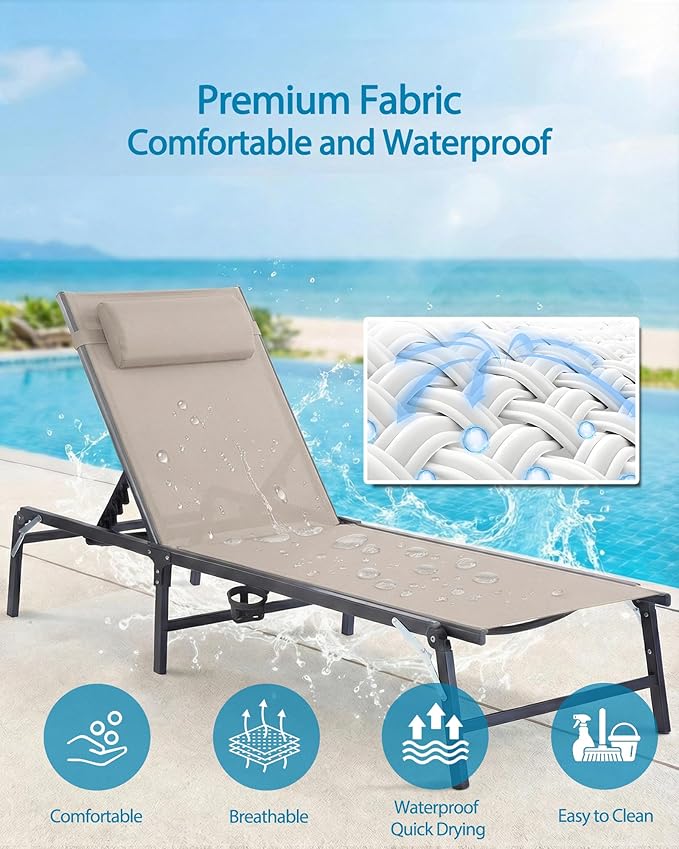 2 Pack Foldable Chaise Lounge Chair with Cup Holder, Assemble-Free Outdoor Lounge Chair with Detachable Pillow and 6 Adjustable Backrest, Patio Lounge Chair for Outside Poolside Beach Pool, Khaki