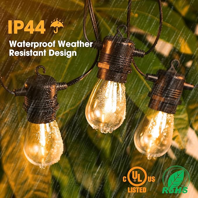 50FT LED Outdoor String Lights with 16 Shatterproof Waterproof S14 Replaceable Bulbs(1 Spare), 2700K Commercial Grade Patio Lights, Outside Hanging Light for Yard Garden Porch Deck Decor