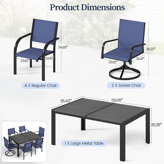 7-Piece Outdoor Patio Dining Set for 6, 59” Table with 4 Textilene Dining Chairs & 2 Swivel Chairs, Patio Furniture Set with Durable Metal Frame for Backyard Garden, Deck, and Poolside (Blue)