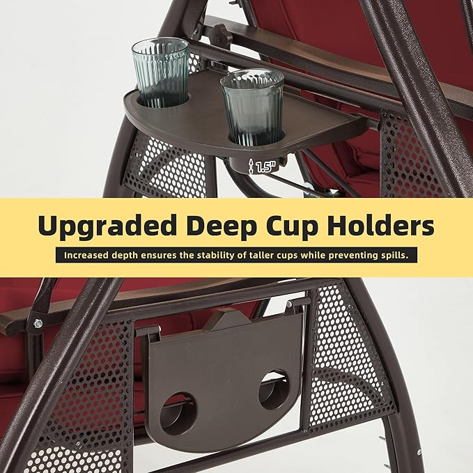 HOMREST 3 Person Outdoor Porch Swing with 1.5" Upgraded Cup Holder, Adjustable Canopy, Backrest, Patio Swing Bed with Weather Resistant Steel Frame, Cushions for Garden,Deck and Poolside(Wine Red)