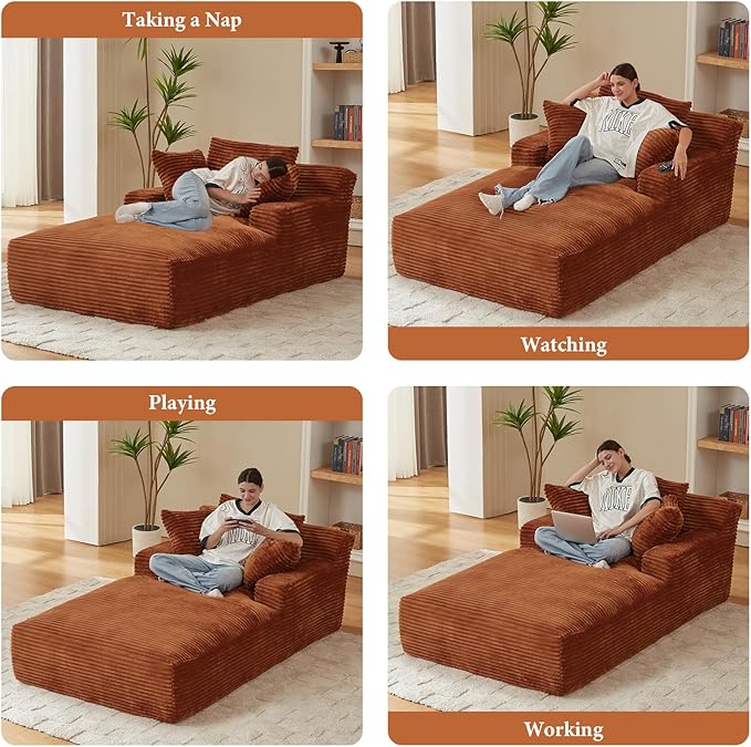 78.7" Chaise Lounge Chair Indoor, Oversized Boneless Couch Comfy Upholstered Sleeper Sofa Bed with 3 Pillows, Corduroy Cloud Reading Chair for Living Room No Assembly Required, Orange