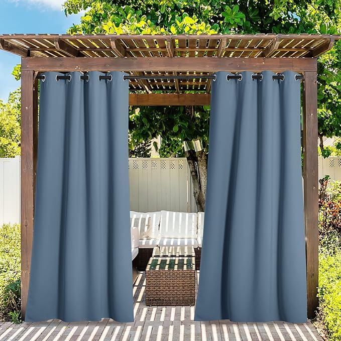 NICETOWN 2 Panels Stone Blue Outdoor Curtains for Patio Waterproof, Rustproof Grommet Thermal Insulated Blackout Indoor Outdoor Room Darkening Drapes for Patio/Front Porch, W52 x L108