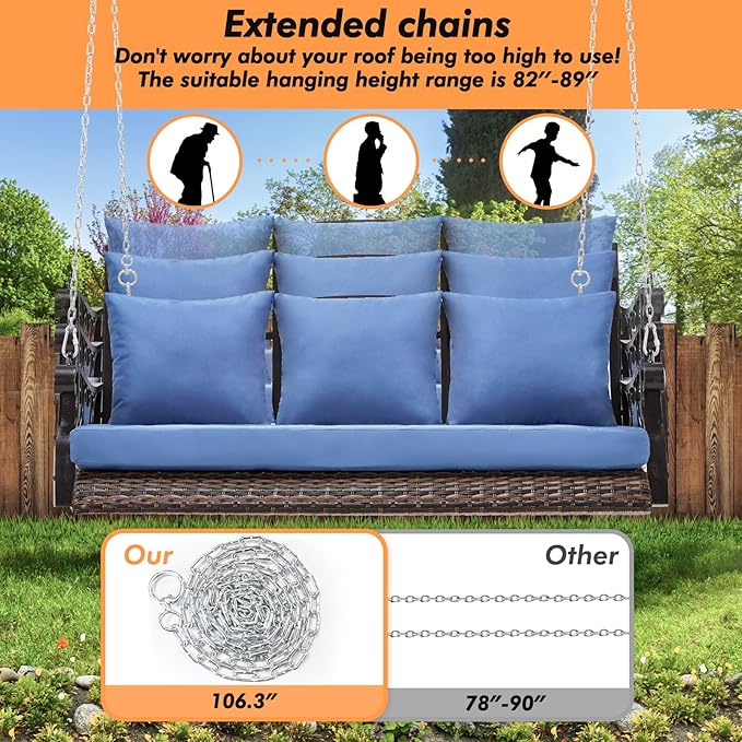 Heavy Duty 900 LBS Porch Swing Chair 3-Person Outdoor Rattan Patio Swing Lounge w/Cup-Holder & Steel Chains Wicker Hanging Bench Porch Swing Cushions for Deck & Backyard & Garden