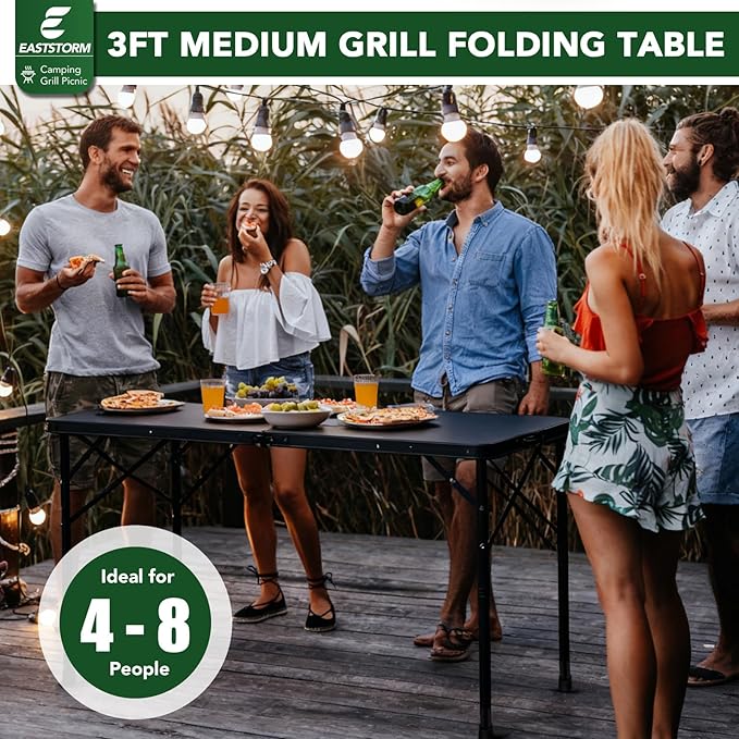 4ft Folding Table with Adjustable Height, Solid Metal Iron Top Portable Camping Table, Compact Grill Table for Outdoor Picnic, Patio, Garden, Party, Market | Great Gift for Campers, Black