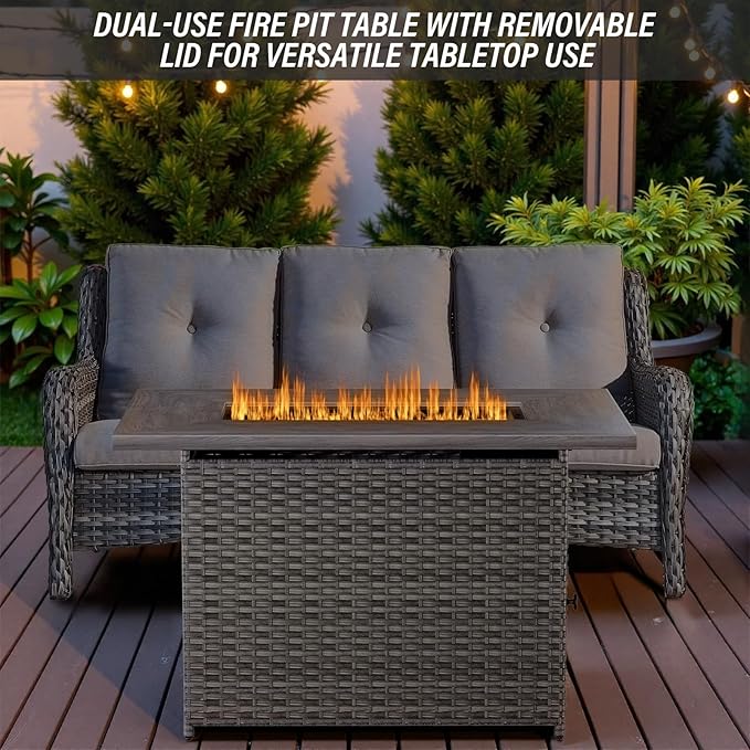 Belord 6-Piece Outdoor Sectional Furniture Set with 41” Fire Pit Table, 5-Seater Patio Furniture Set with Swivel Glider Chairs & Storage Box, 50000 BTU Propane Fire Pit Table, All-Weather PE Wicker