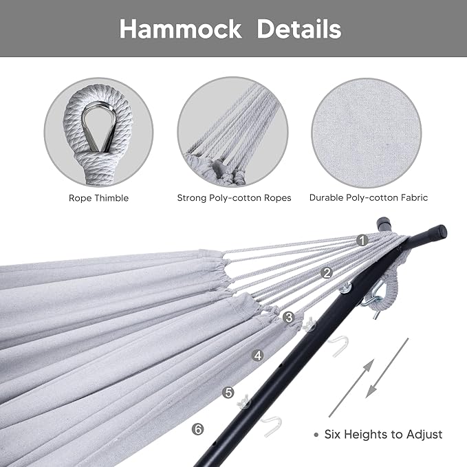 SUNCREAT 2-in-1 Convertible Extra Large Hammocks with Stand, Heavy Duty 2 Person Hammock for Outside with Stand, Patented, Light Gray