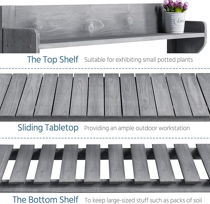 Yaheetech Potting Bench Table Outdoor Garden Potting Table Wooden Workstation w/Sliding Tabletop Removable Sink w/Storage Shelf Flower Pot Bench Mobile Garden Potting Bench Gray