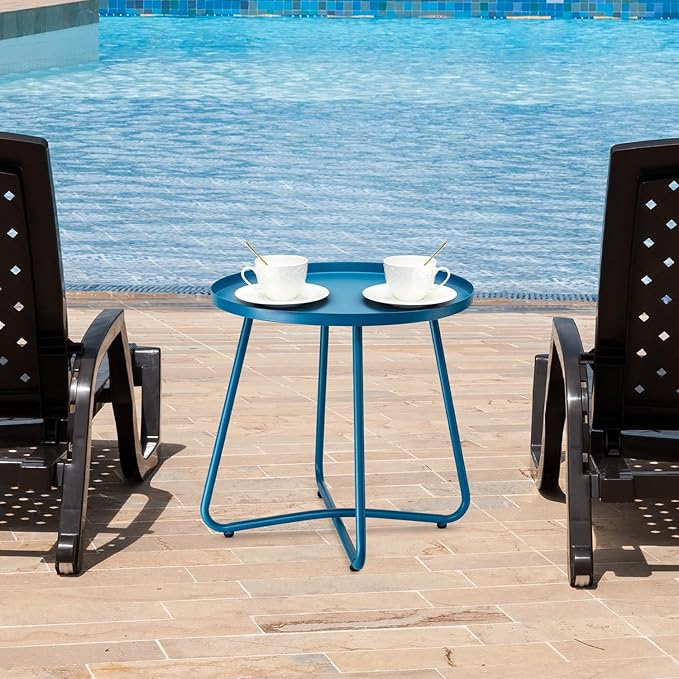 danpinera Outdoor Side Tables, Weather Resistant Steel Patio Side Table, Small Round Outdoor End Table Metal Side Table for Patio Yard Balcony Garden Bedside (Blue)