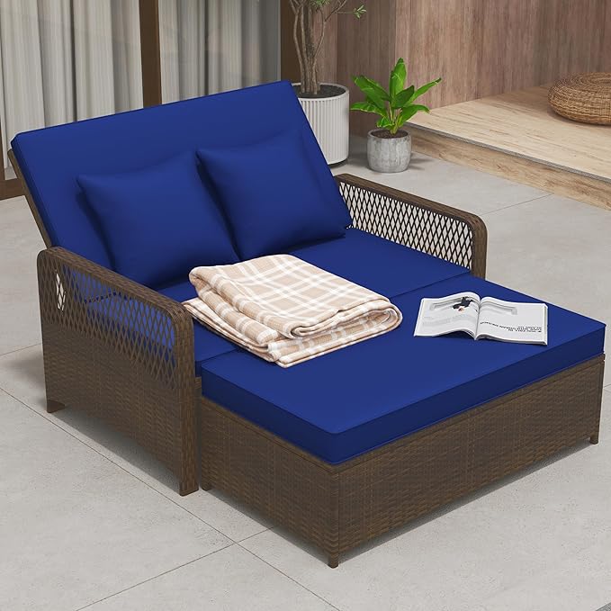 RELAX4LIFE Wicker Patio Outdoor Daybed - Rattan Sunbed Loveseat Sofa Set w/4-Level Adjustable Back, Cushions & Pillows, Storage Ottoman, 2-Person Bed Lounger for Backyard Porch, Patio Daybed (Navy)