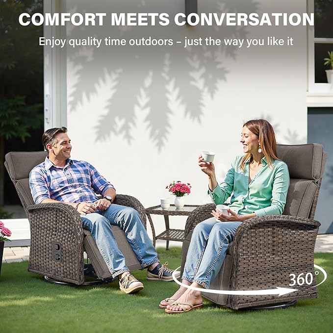 Dual-Adjust Swivel Outdoor Recliner Chair Set of 3 - Reclining Patio Chair with Adjustable Backrest and Footrest, All-Weather Wicker Chaise Lounge Outdoor with Side Table for Pool Deck Brown