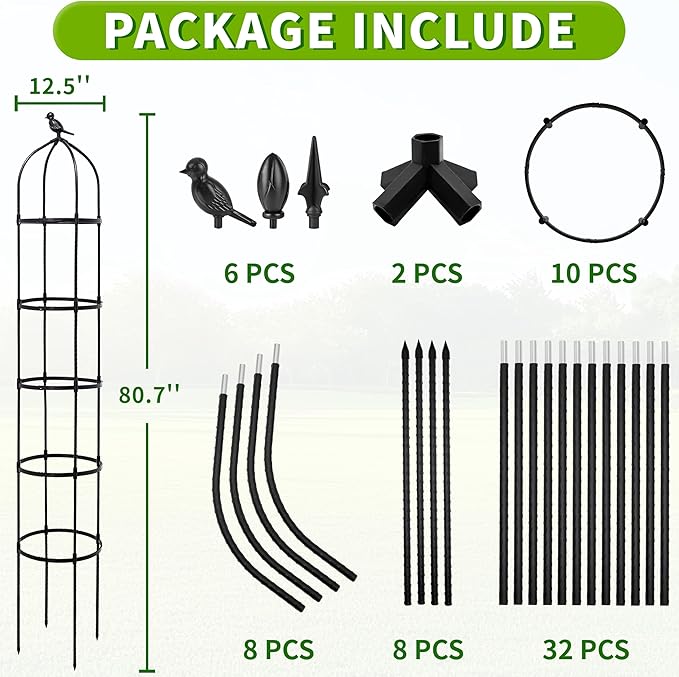 2-Pack 6.7FT Garden Obelisk Trellis for Climbing Plants,Adjustable 5-Tier Metal Plant Support,Rustproof Outdoor Plant Tower with 3 Decorative Tops for Roses,Tomatoes,Clematis & Vines,Black