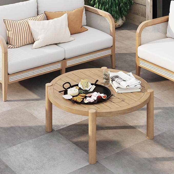 Nathan James Bora Round Outdoor Coffee Table, Farmhouse Wood Coffee Table for Patio or Porch, Solid Acacia Wood