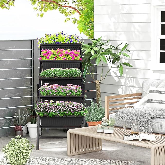 Homdox 5-Tier Elevated Garden Bed with Lockable Caster Wheels - Freestanding Vertical Raised Bed with 5 Garden Planter Boxes- Perfect to Grow Vegetables Herbs Flowers Indoor(Black)