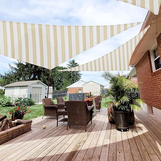 Patio Paradise 11' x 11' x 11' Sun Shade Sail Triangle Canopy Shade Cloth Fabric Sunlight Block Patio Pergola Cover HDPE Deck Awning for Outdoor Backyard Roof Shading, Beige White Strip