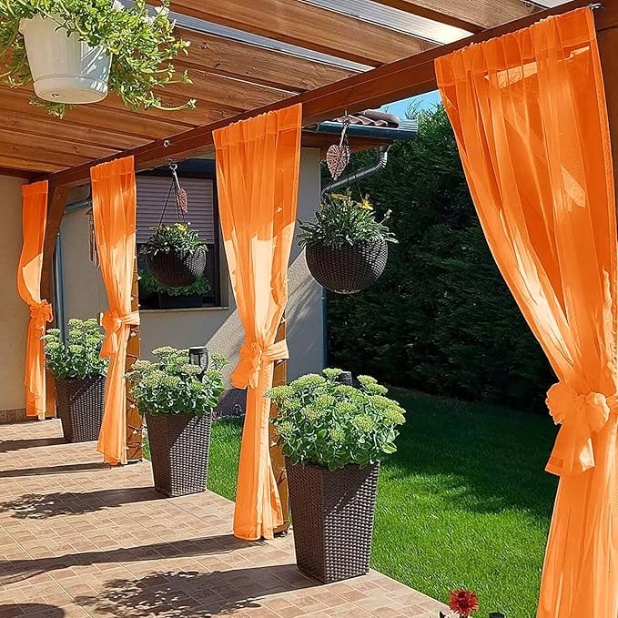 SpaceDresser Waterproof Outdoor Sheer Curtains for Patio - 2 Panels Rod Pocket Indoor Voile Sheer Curtain for Living Room,100W x 120L inch, Orange