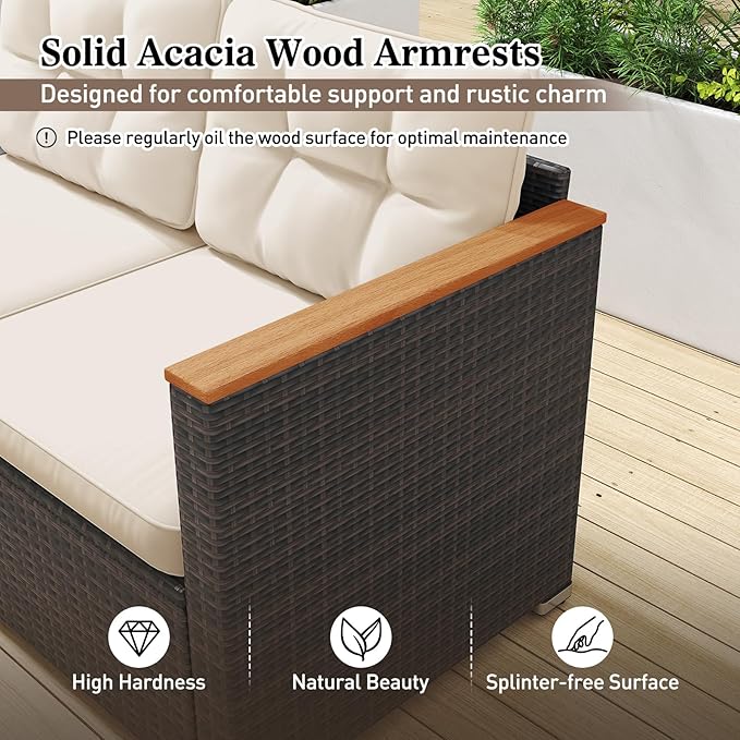 Tangkula 3-Seat Patio Wicker Couch Sofa, Outdoor 3 Seater Rattan Furniture Set with Acacia Wood Armrests & Thick Cushion, Outside Sectional Sofa Couch for Porch, Deck, Garden and Backyard, Off White