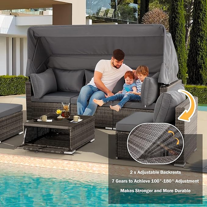 Vicluke 6 Pieces Patio Furniture Sets Outdoor Sectional Sofa Set Rattan Daybed with Retractable Canopy, Adjustable Backrest, Storable Tea Table Rectangle Sunbed for Backyard Garden Poolside(Grey)
