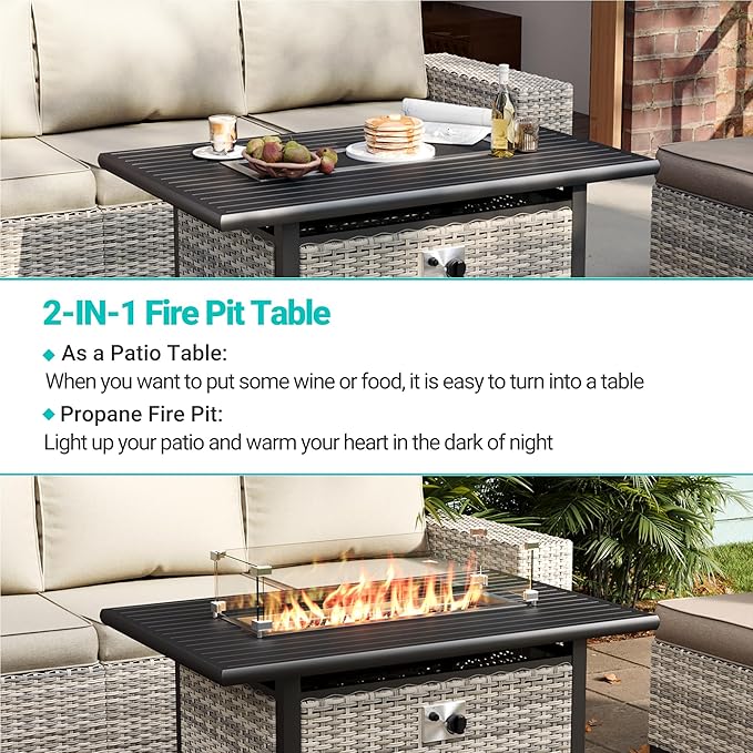 9-Piece Outdoor Patio Furniture Set with 55,000 BTU Fire Pit Table, PE Wicker Rattan Sectional Sofa Patio Conversation Set with Ottomans & Coffee Table, White