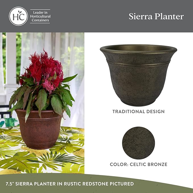 The HC Companies Sierra Round Self-Watering Pot - Lightweight Plastic Planter for Herbs & More - Durable Plant Pots for Indoor Plants & Outdoor Plants (7.5” Celtic Bronze, Pack of 2)