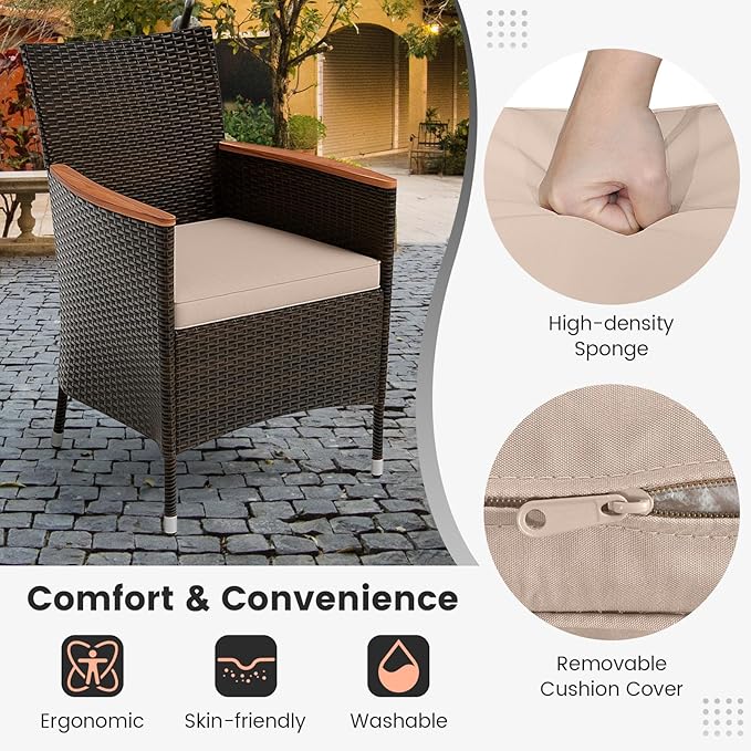 Tangkula 11 Piece Rattan Outdoor Dining Set with 15Ft Patio Umbrella for 8, Outdoor Wicker Table Set with 8 Cushioned Armchairs, Acacia Wood Top, Outdoor Umbrella with Base Included