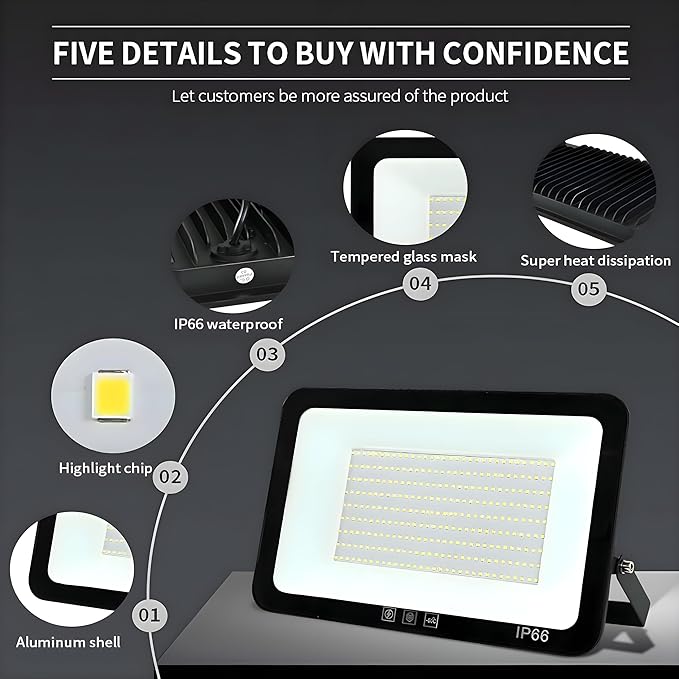4Pack LED Flood Light Outdoor,250W LED Work Light 25500lmwith 6FT US Plug,IP66 Waterproof Exterior Security Lights,6000K Daylight White Outside Floodlights Slim Design for Playground Yard
