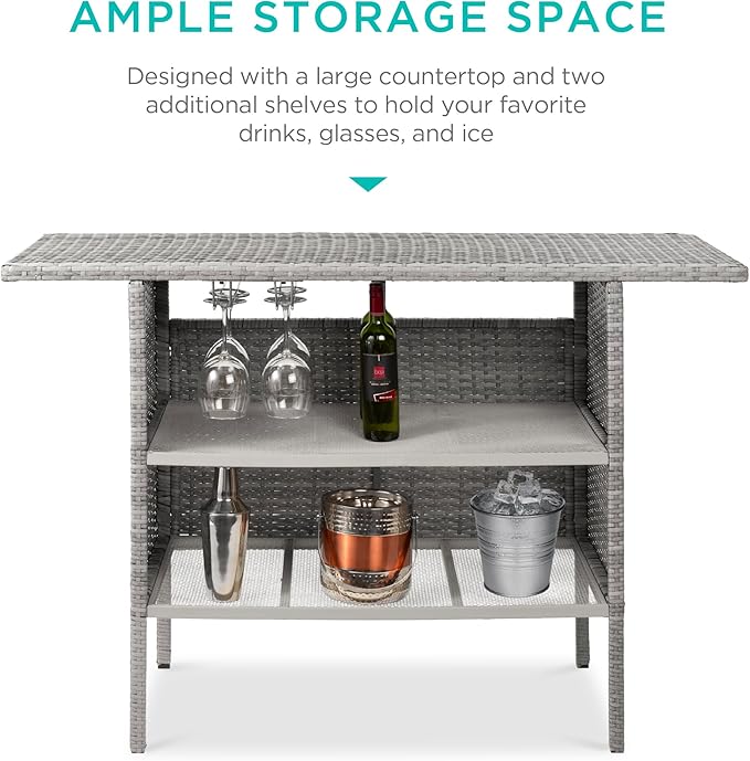 Best Choice Products Outdoor Patio Wicker Bar Counter Table Backyard Furniture w/ 2 Steel Shelves and 2 Sets of Rails - Gray