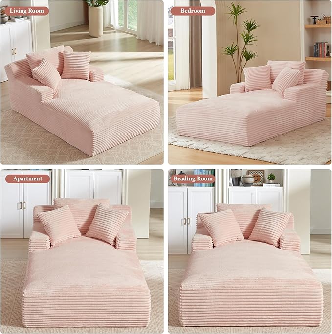 78.7" Chaise Lounge Chair Indoor, Oversized Boneless Couch Comfy Upholstered Sleeper Sofa Bed with 3 Pillows, Corduroy Cloud Reading Chair for Living Room No Assembly Required, Pink