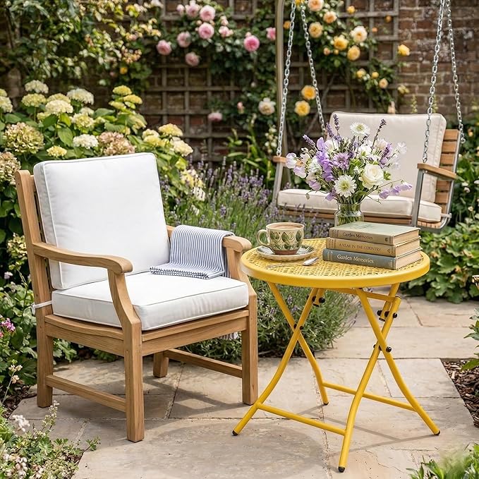TeoKJ Folding Outdoor Side Tables, Anti Rust Small Patio Table Round Metal Nightstand with Flower Cutouts for Porch Yard Balcony Deck Lawn, Yellow